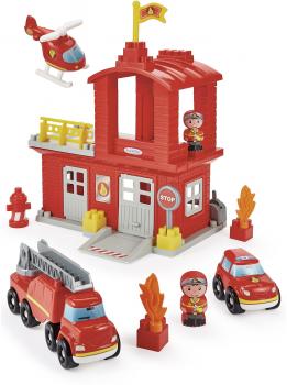 Ecoiffier Bausteine Abrick Feuerwehrstation 2 Figuren 2 Autos 1 Helikopter 7600002980