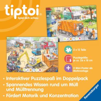 2 x 12 Teile Ravensburger Puzzle tiptoi Puzzeln, Entdecken, Erleben Müllabfuhr 00172