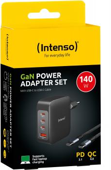 Intenso Ladegerät Power Adapter W140A3C GaN + C520C Kabel 3x USB-C 1x USB-A für 4 Gerät schwarz