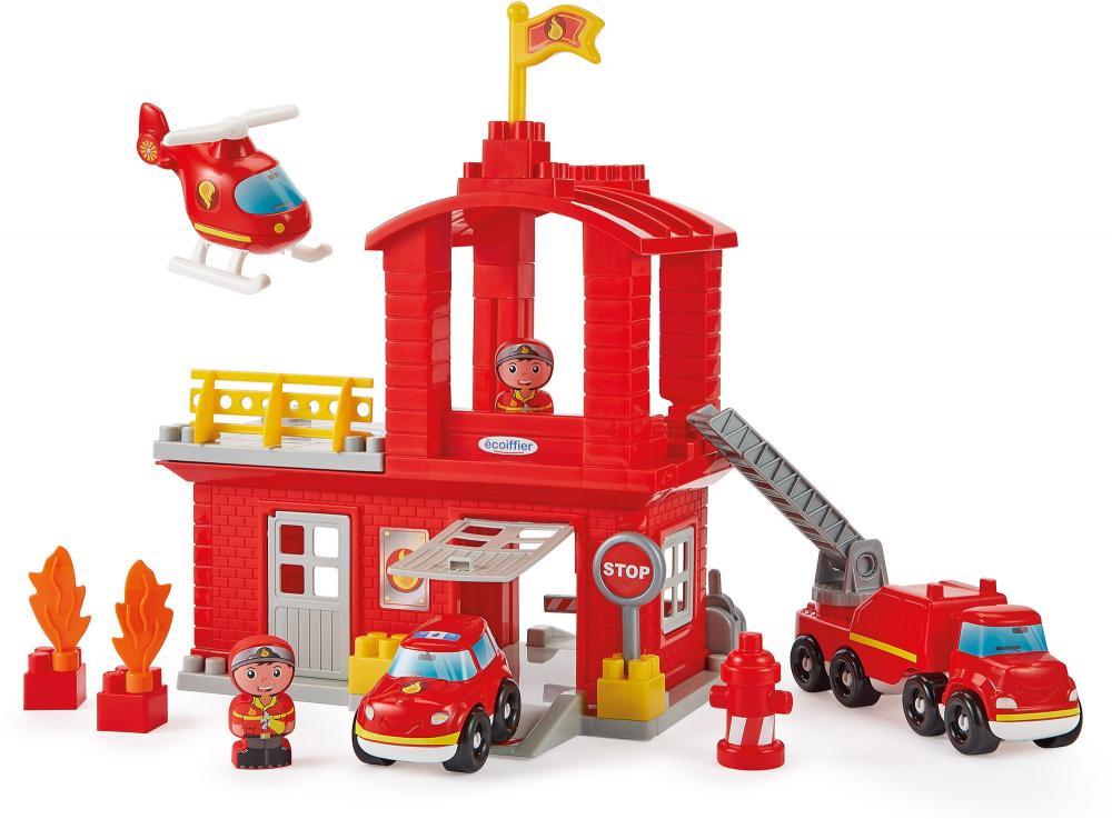 Ecoiffier Bausteine Abrick Feuerwehrstation 2 Figuren 2 Autos 1 Helikopter 7600002980