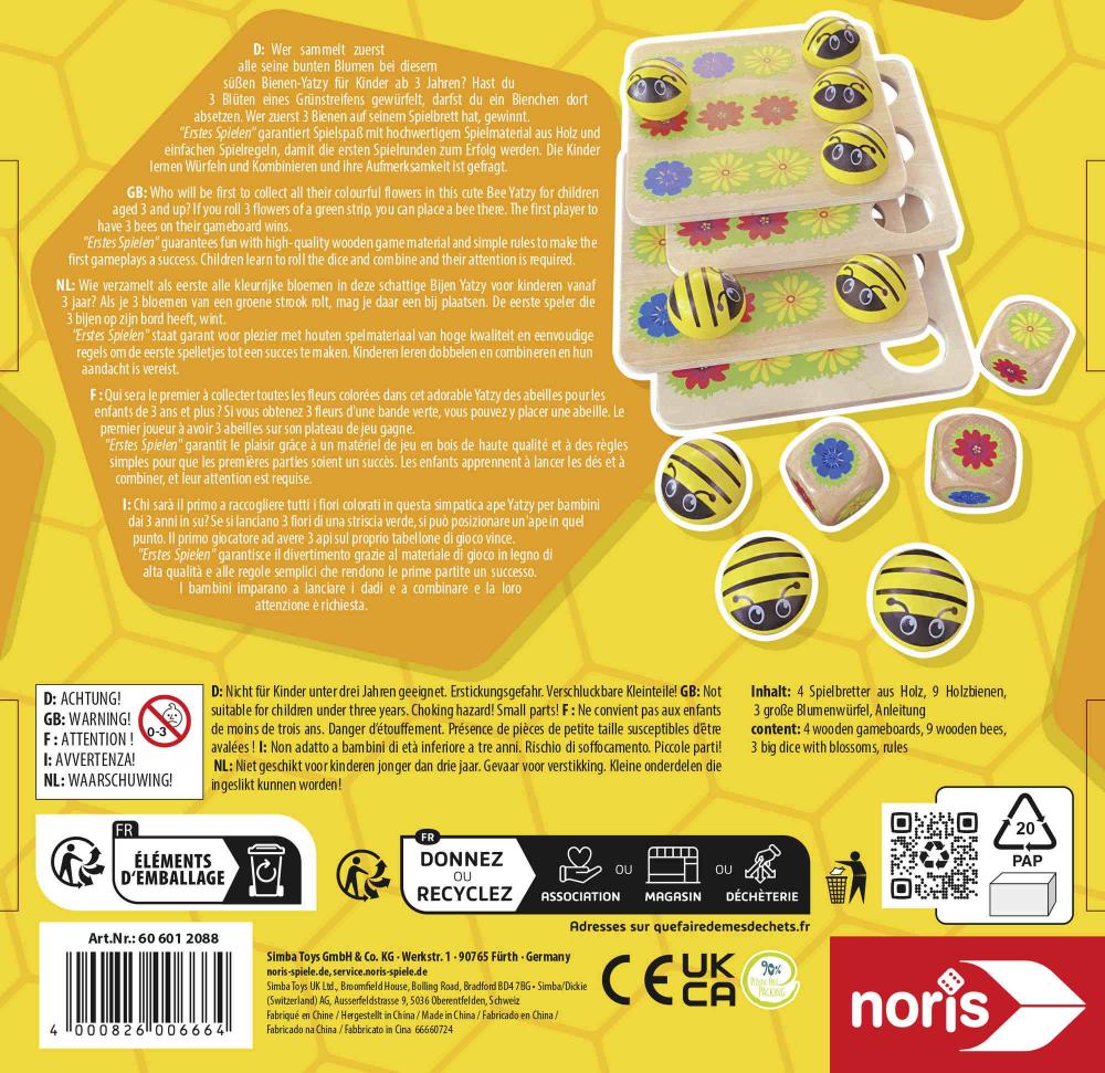 Noris Kinderspiel Würfelspiel Bee Yatzy Würfelspaß Blüten und Bienen 606012088