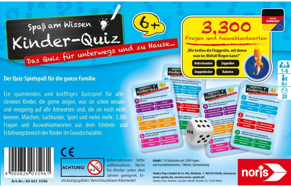 Noris Kinderspiel Quizspiel Kinderquiz für schlaue Kids blau 606013596