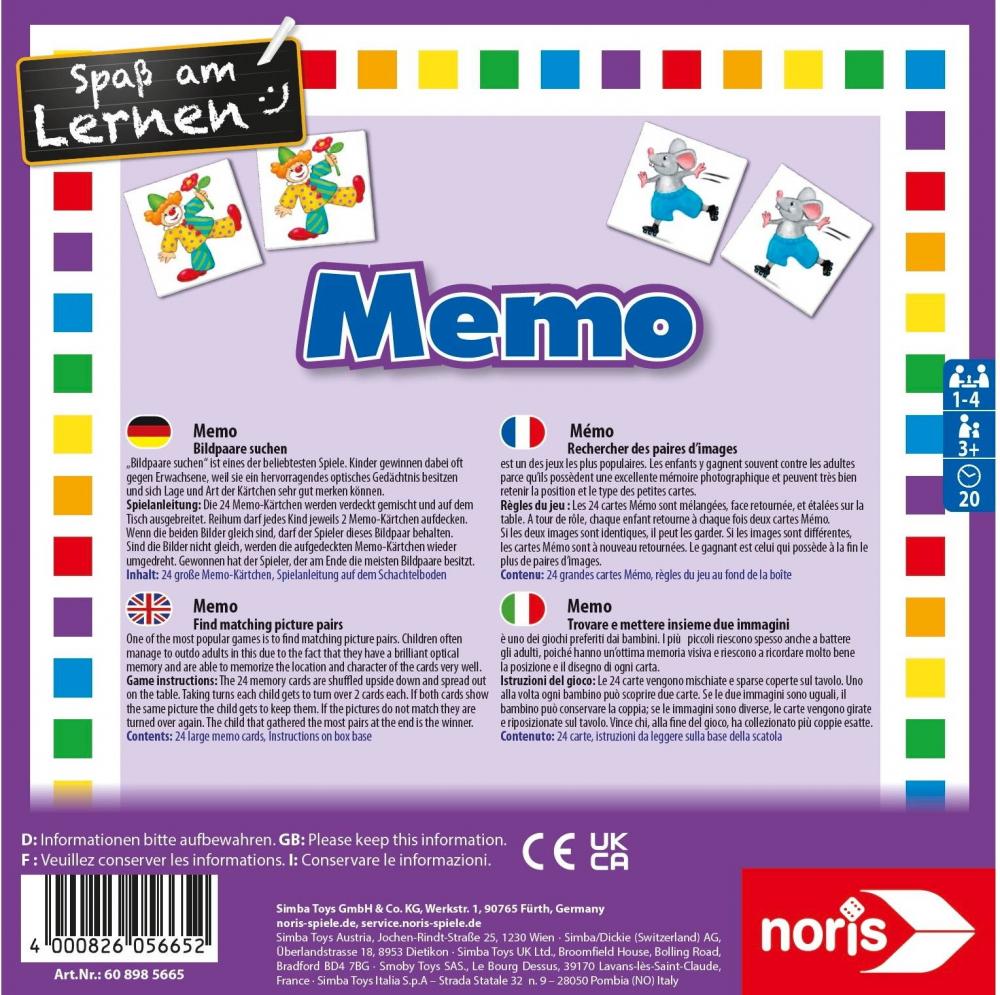 24 Karten Noris Kinderspiel Legekartenspiel Memo 608985665