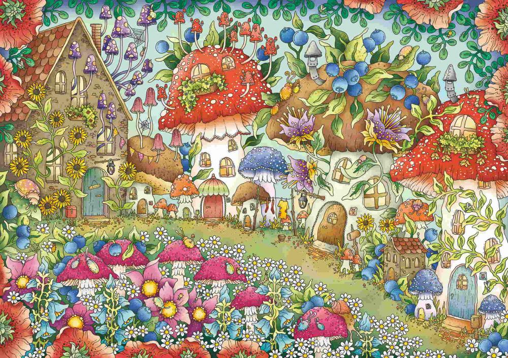 1000 Teile Ravensburger Puzzle Niedliche Pilzhäuschen in der Blumenwiese 12000571