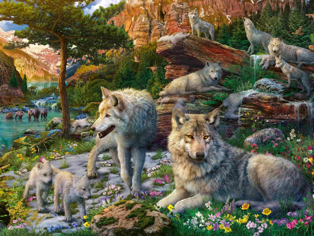 1500 Teile Ravensburger Puzzle Wolfsrudel im Frühlingserwachen 12000719