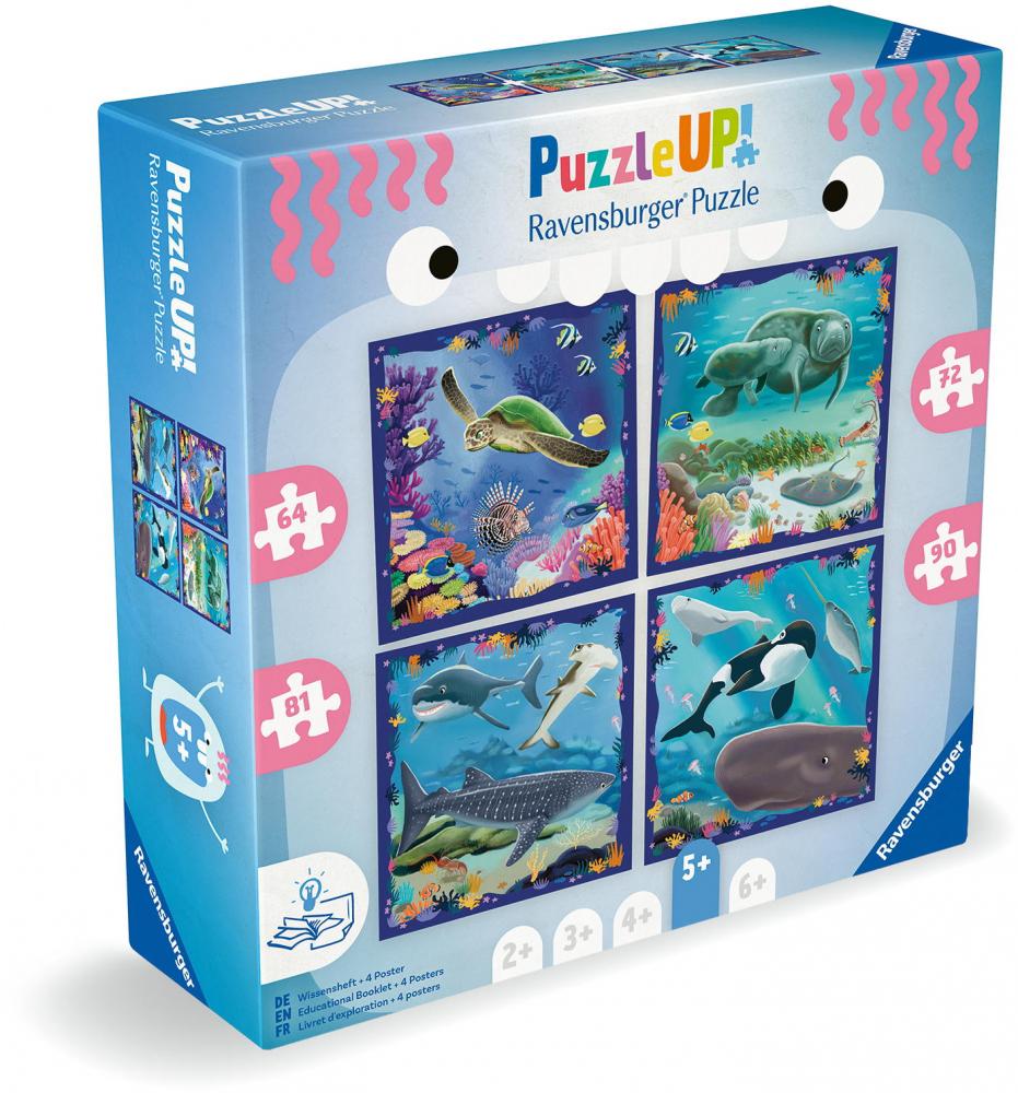 4 Puzzle 64, 72, 81, 90 Teile Ravensburger Kinder Puzzle UP! Meerestiere + Wisssensheft 12004004