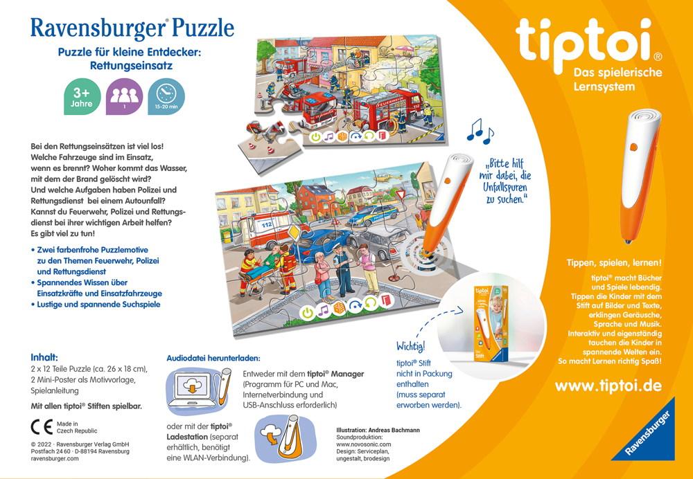 2 x 12 Teile Ravensburger Puzzle tiptoi Puzzeln, Entdecken, Erleben Rettungseinsatz 00133