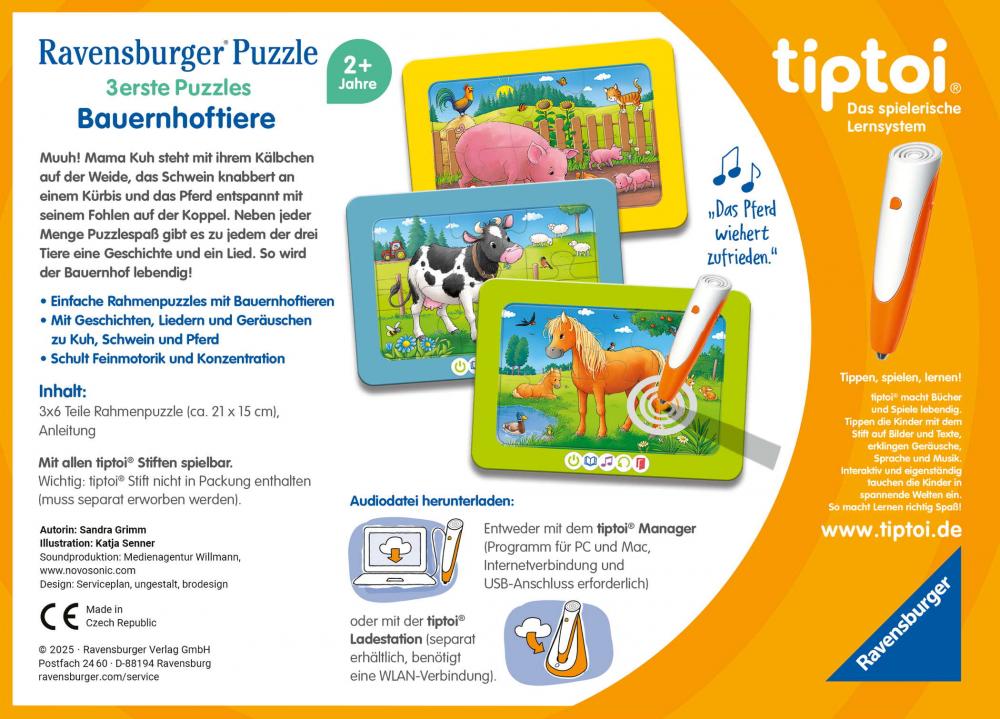 3 x 6 Teile Ravensburger Puzzle tiptoi 3 erste Puzzles Bauernhoftiere 00229