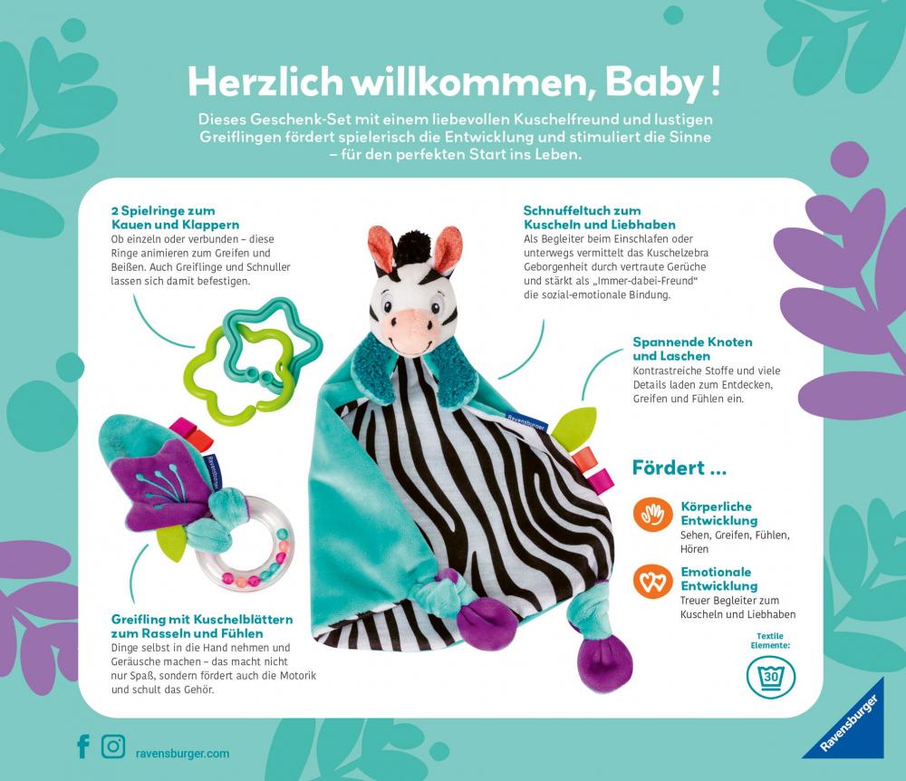 Ravensburger Babywelt Play+ Fühlen, rasseln, spielen Geschenk-Set Zebra 04858