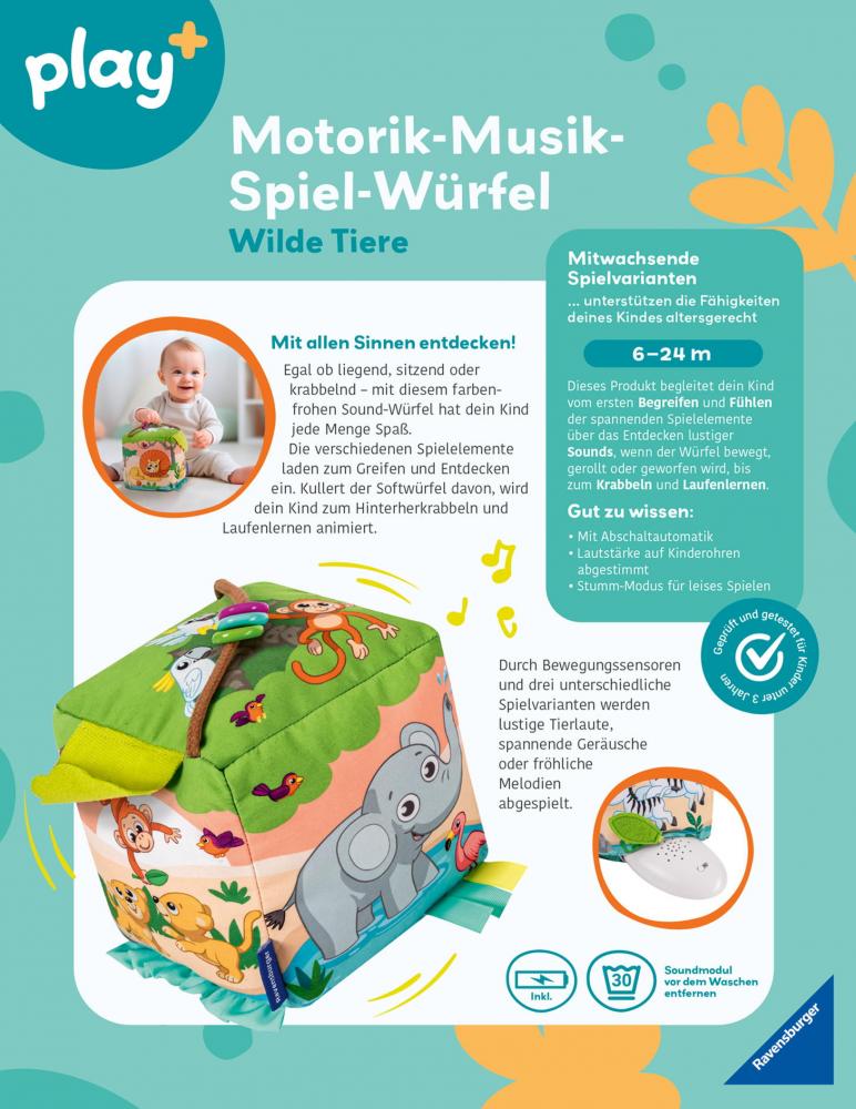 Ravensburger Babywelt Motorikspielzeug Play+ Motorik-Musik-Spiel-Würfel Wilde Tiere 04859