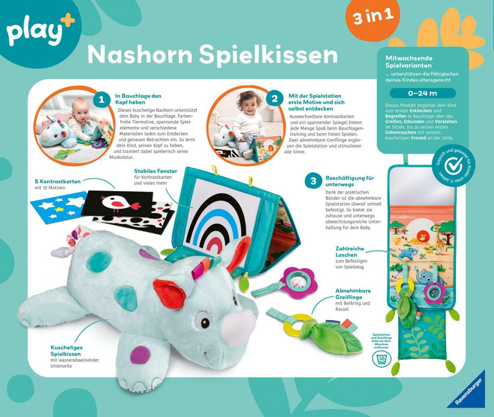 Ravensburger Babywelt Motorikspielzeug Play+ Nashorn Spielkissen für die Bauchlage 04866