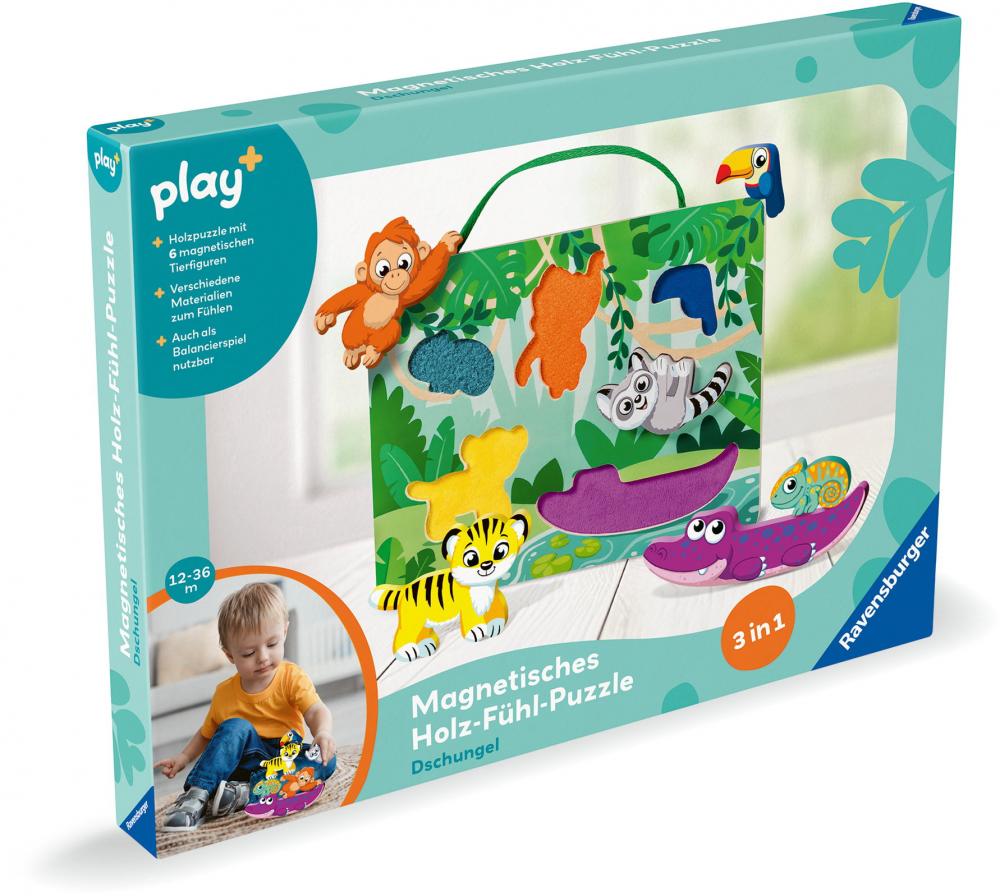 Ravensburger Babywelt Motorikspielzeug Play+ Magnetisches Holz-Fühl-Puzzle Dschungel 04872