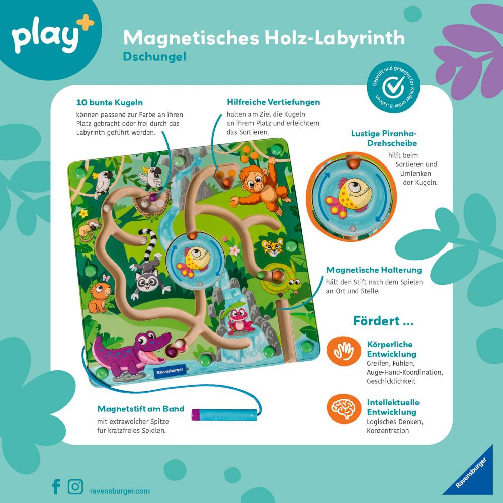 Ravensburger Kleinkindwelt Motorikspielzeug Play+ Magnetisches Holz-Labyrinth: Dschungel 04873