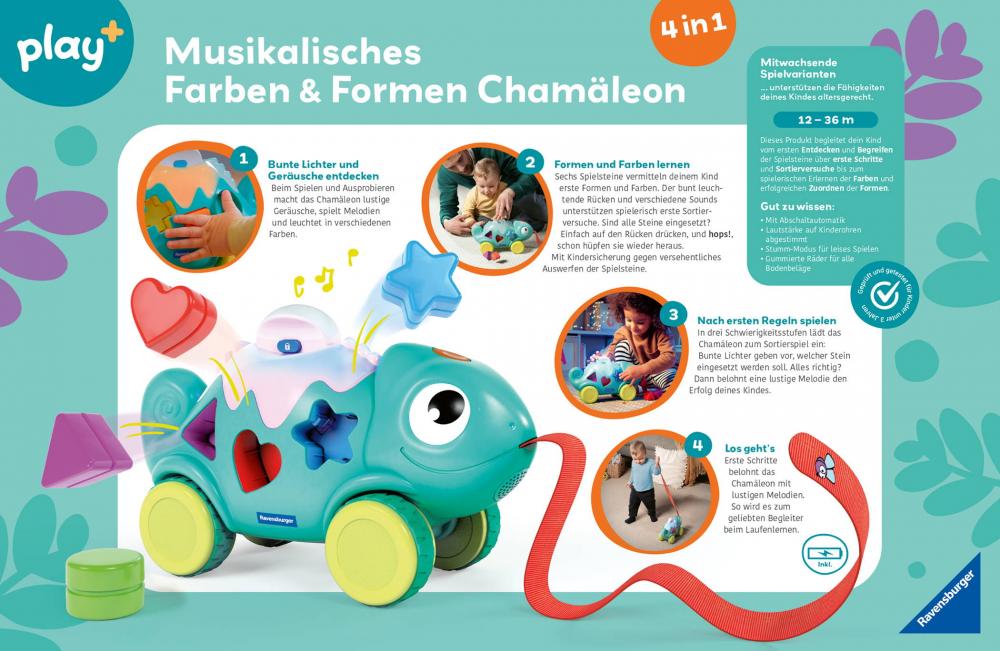 Ravensburger Babywelt Motorikspielzeug Play+ Musikalisches Farben & Formen Chamäleon 04875