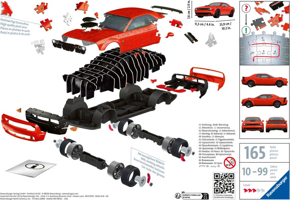 108 Teile Ravensburger 3D Puzzle Auto Dodge Challenger RT Scat Pack Widebody 11284