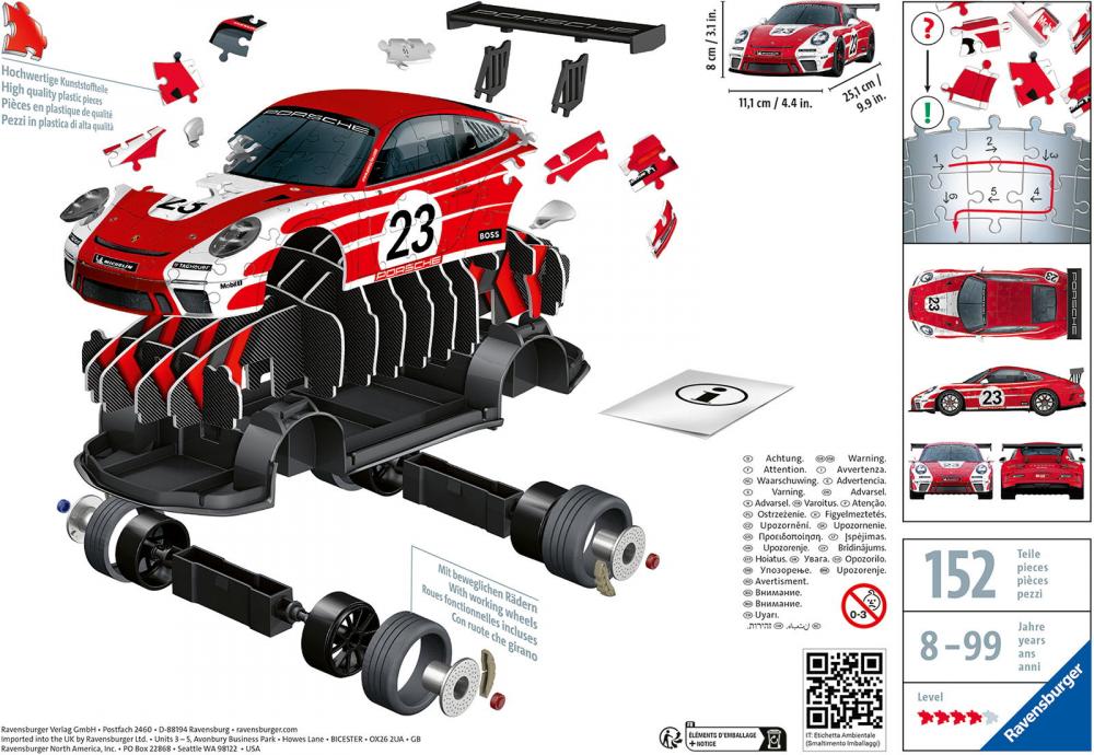 108 Teile Ravensburger 3D Puzzle Auto Porsche 911 GT3 Cup Salzburg Design 11558