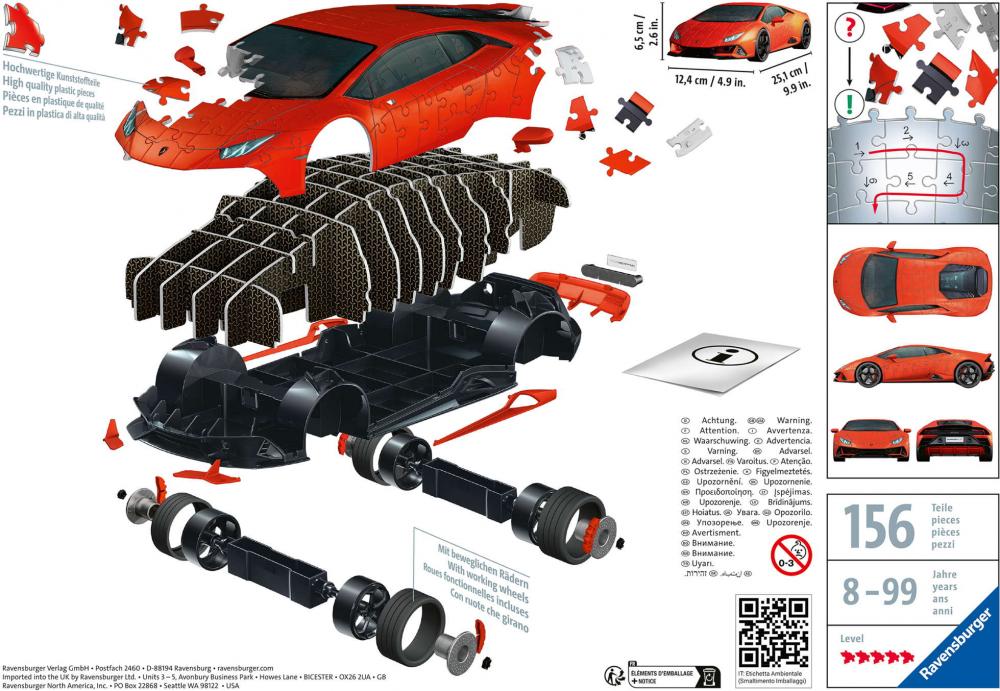 108 Teile Ravensburger 3D Puzzle Auto Lamborghini Huracán EVO Arancio 11571