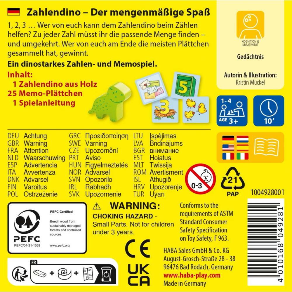 HABA Supermini-Mitbringspiel Memospiel Zahlendino 1004928001