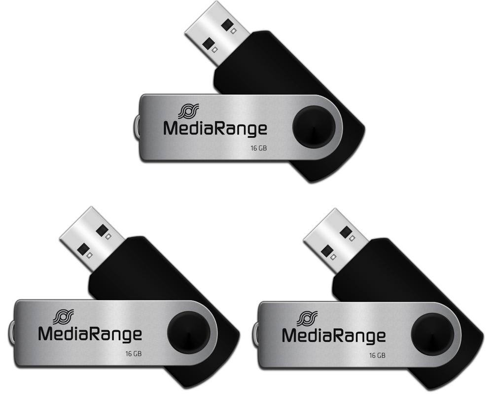 Mediarange USB Stick 16GB Speicherstick Swivel Swing silber 3er Pack