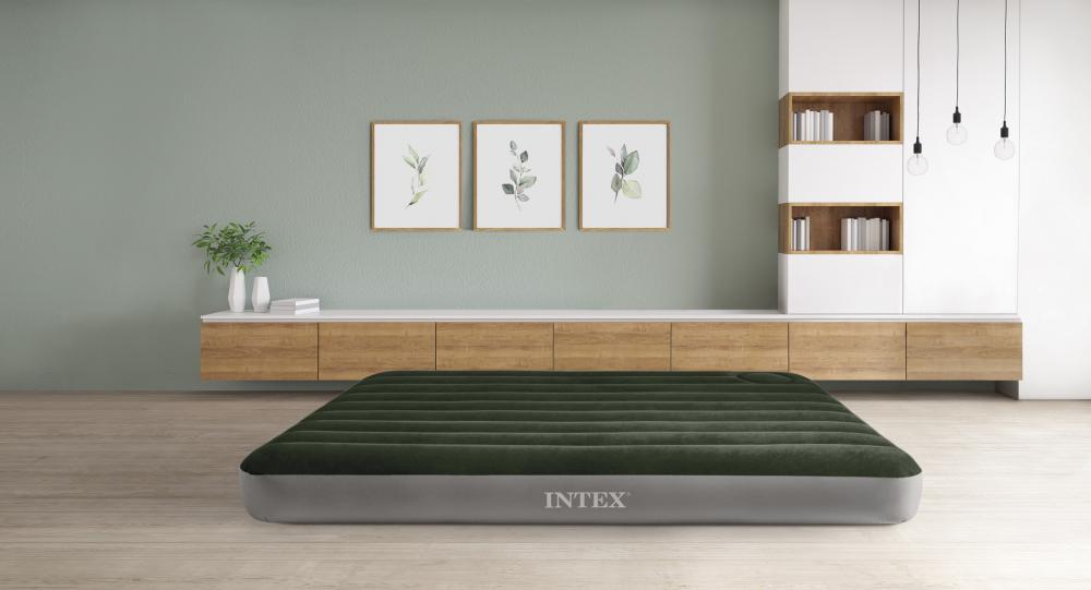 Intex Indoor und Outdoor Luftbett Queen Downy Airbed aufblasbar 203 x 152 x 25 cm mit Fußpumpe 64763