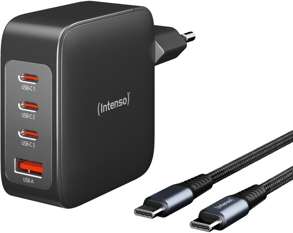 Intenso Ladegerät Power Adapter W140A3C GaN + C520C Kabel 3x USB-C 1x USB-A für 4 Gerät schwarz