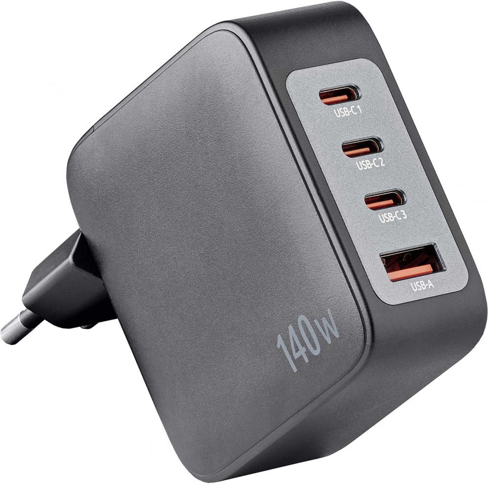 Intenso Ladegerät Power Adapter W140A3C GaN + C520C Kabel 3x USB-C 1x USB-A für 4 Gerät schwarz