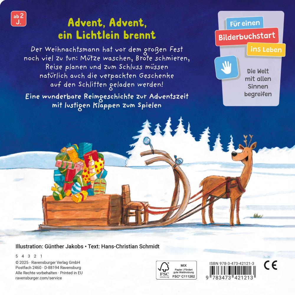 Ravensburger Buch Pappbilderbuch Mitmachen Advent, Advent, der Weihnachtsmann rennt! 42121