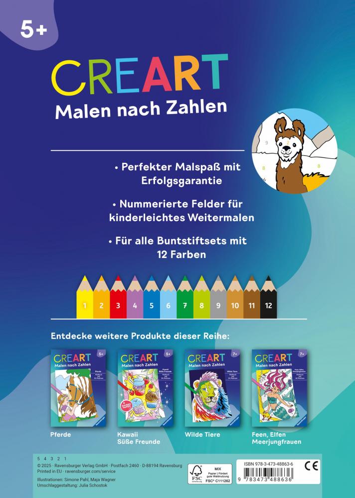 Ravensburger Buch Kreativität CreArt Malen nach Zahlen ab 5 Süße Tiere 48863