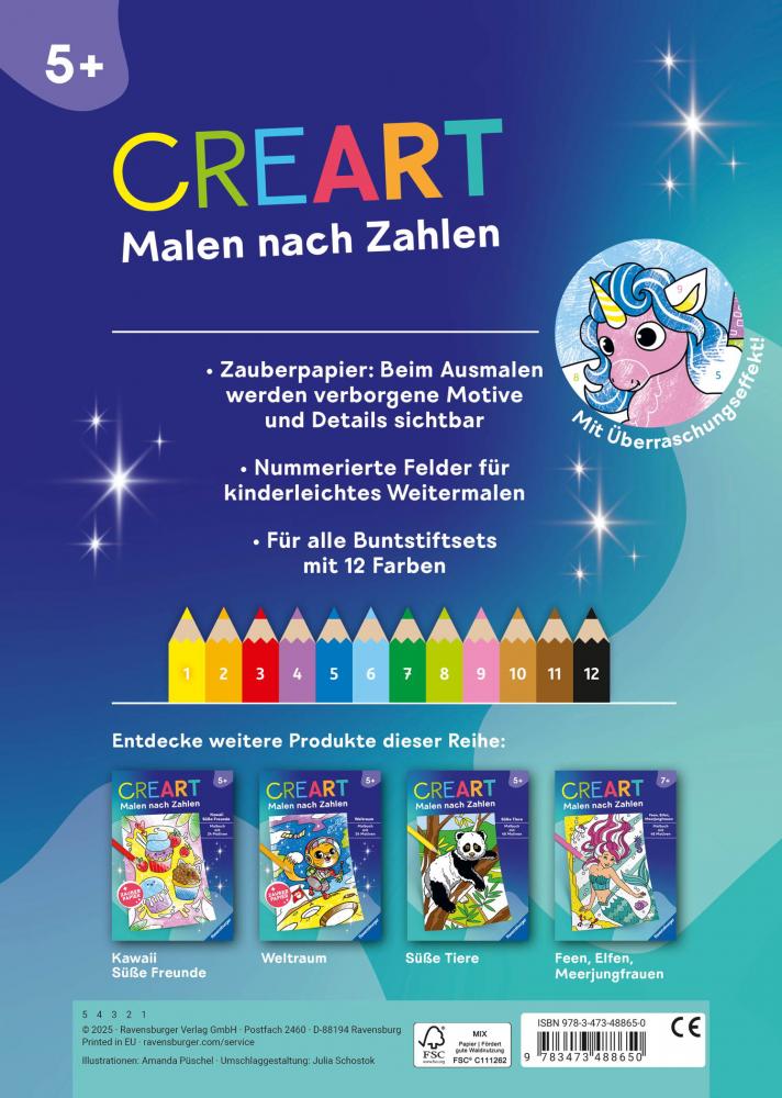 Ravensburger Buch Kreativität CreArt Malen nach Zahlen ab 5 Zauberpapier Einhorn Zauber 48865