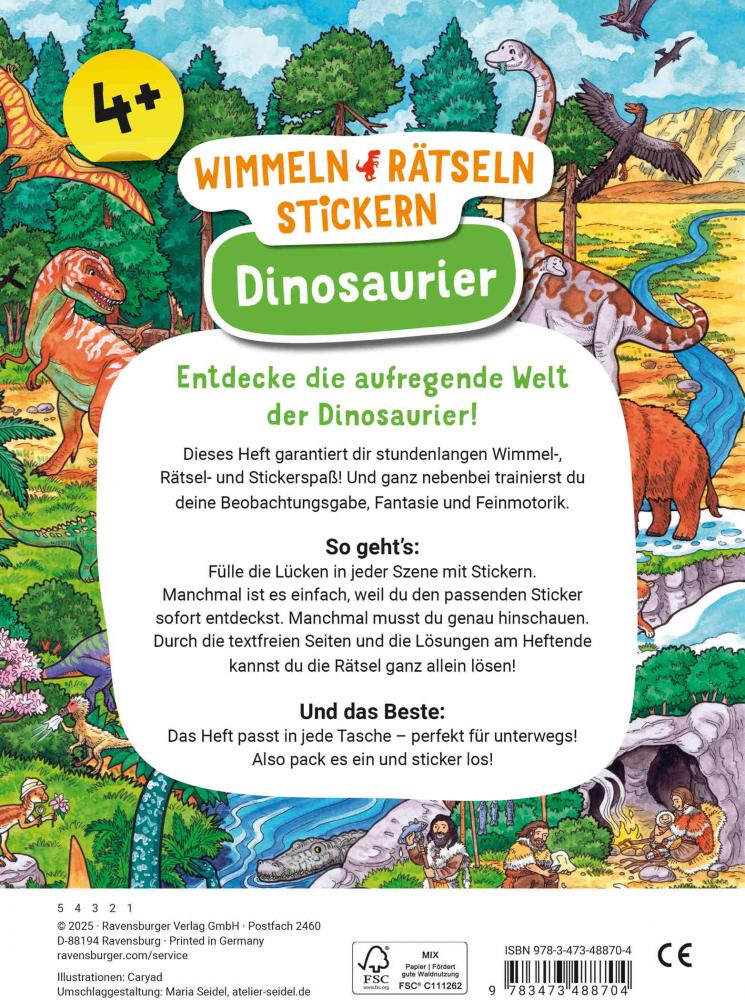 Ravensburger Buch Quiz und Rätsel Wimmeln, Rätseln, Stickern Dinosaurier 48870