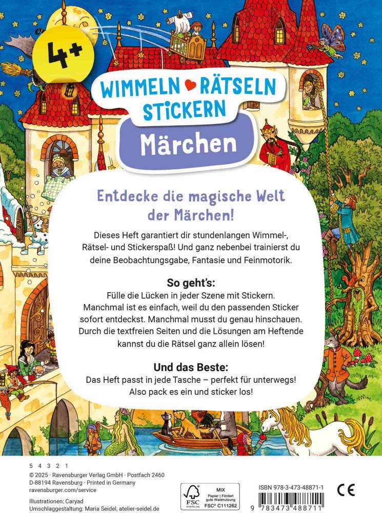 Ravensburger Buch Quiz und Rätsel Wimmeln, Rätseln, Stickern Märchen 48871