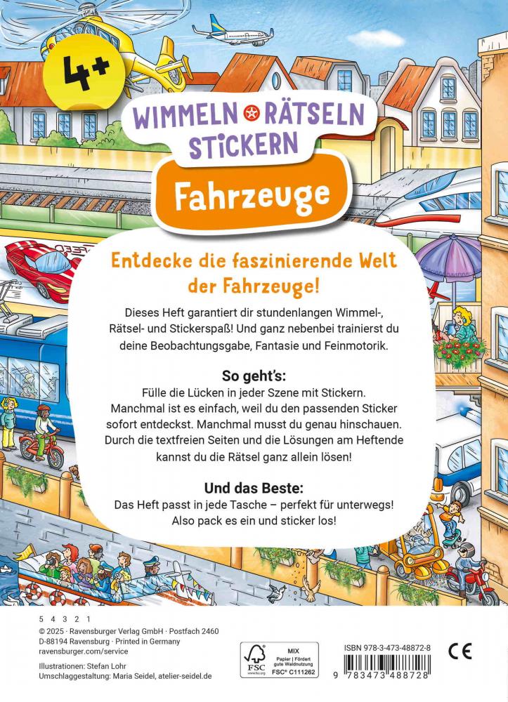 Ravensburger Buch Quiz und Rätsel Wimmeln, Rätseln, Stickern Fahrzeuge 48872