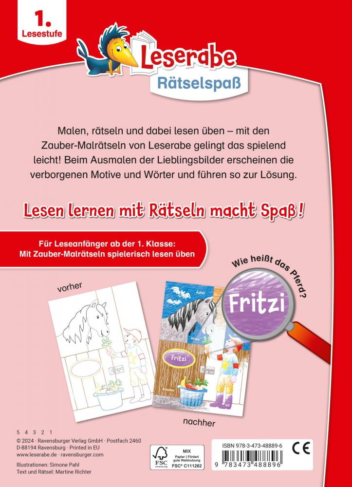 Ravensburger Buch Leserabe Rätselspaß Zauber-Malrätsel zum Lesenlernen Pferde (1. Lesestufe) 48889