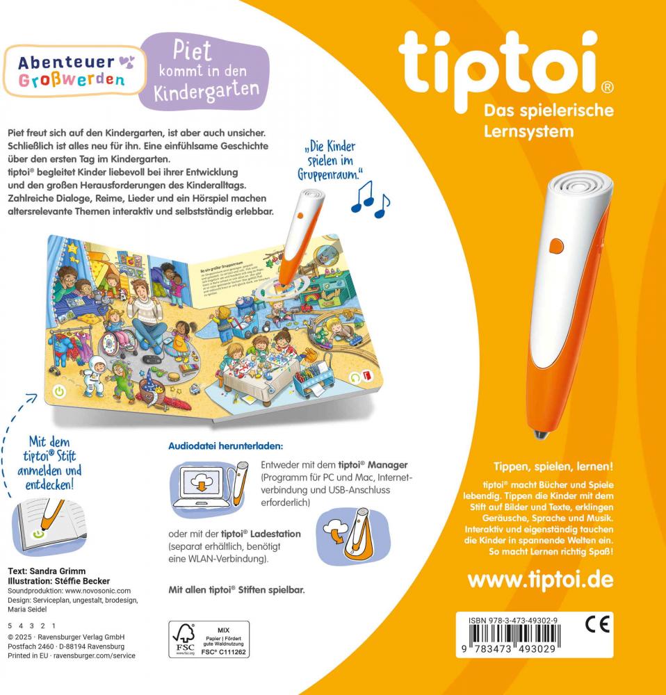 Ravensburger Buch tiptoi Bilderbuch Abenteuer Großwerden Piet kommt in den Kindergarten 49302