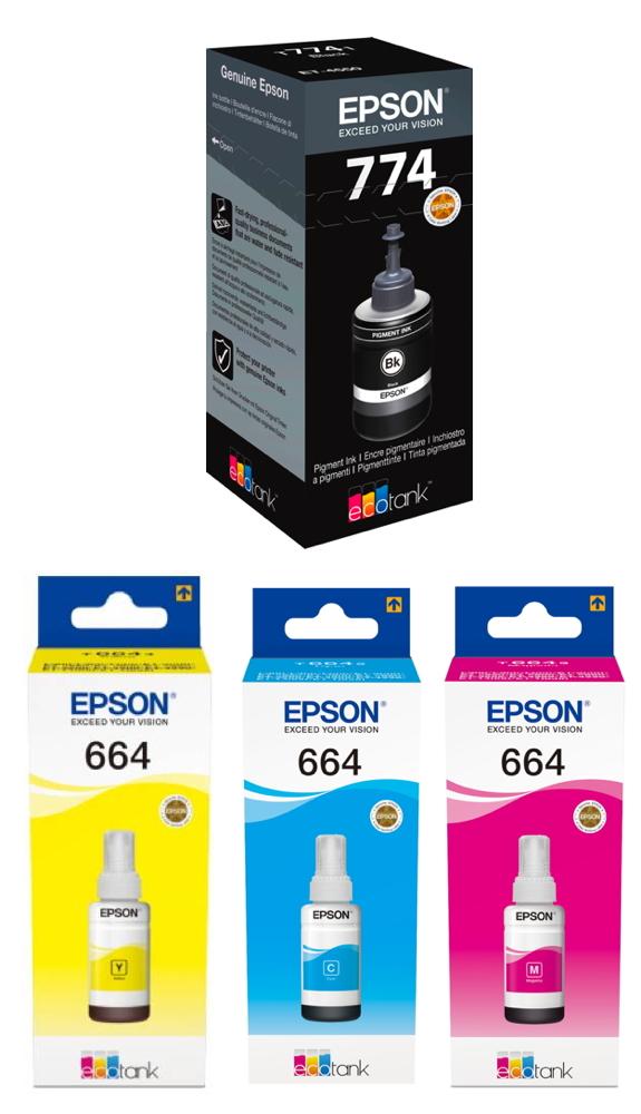 4 Epson Tintenbehälter Tinte 774 BK 664 C / M / Y Multipack